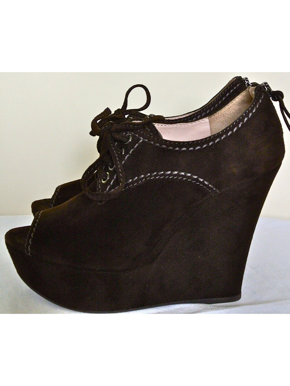New Miu Miu Suede Peep-Toe Zip Back Wedge Bootie sz 39.5 9.5 US Rtail$660.00